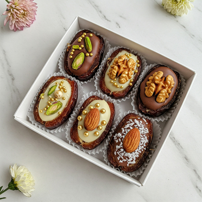 Edle Dattelpralinen mit belgischer Schokolade & Nüssen